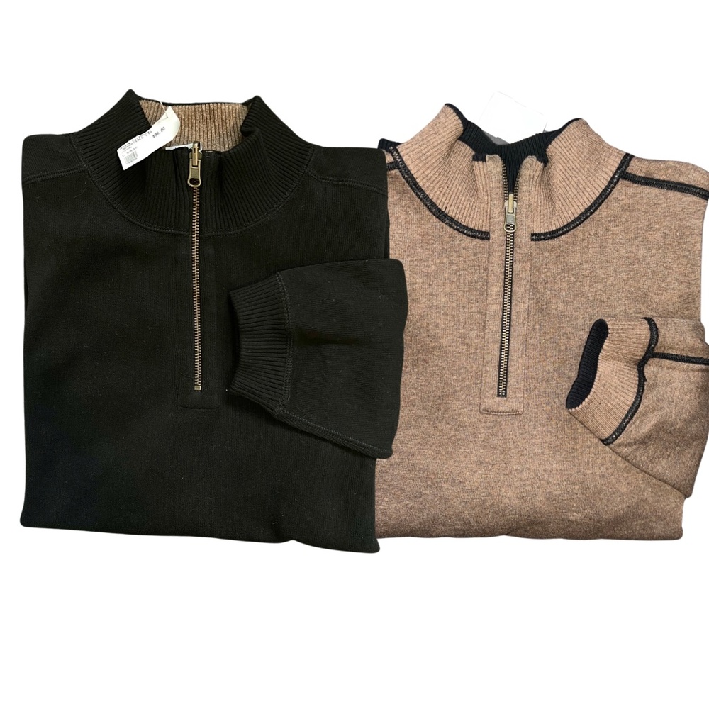 New Men's Reversible 100% Cotton Black / Brown Knit Pullover Zip Sweater size L